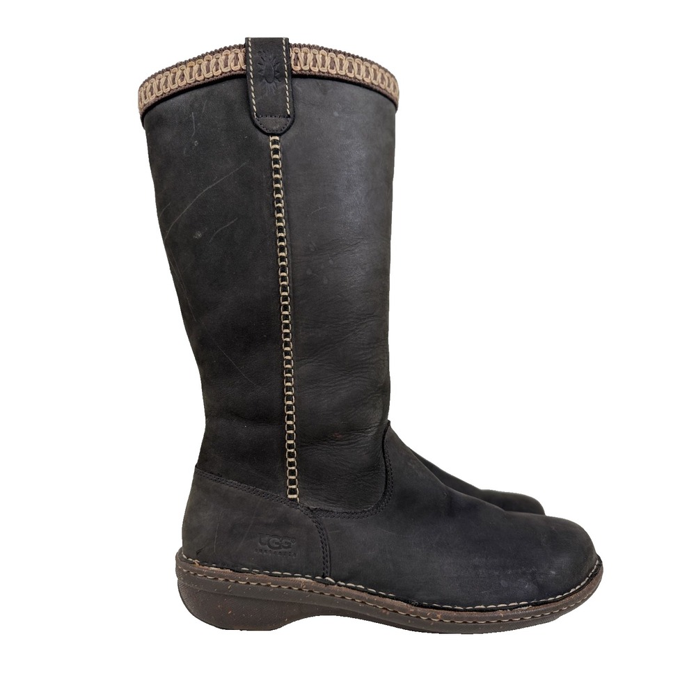 UGG Australia Tall Leather Shearling Boots Women's US 8 Black Winter S/N 5139